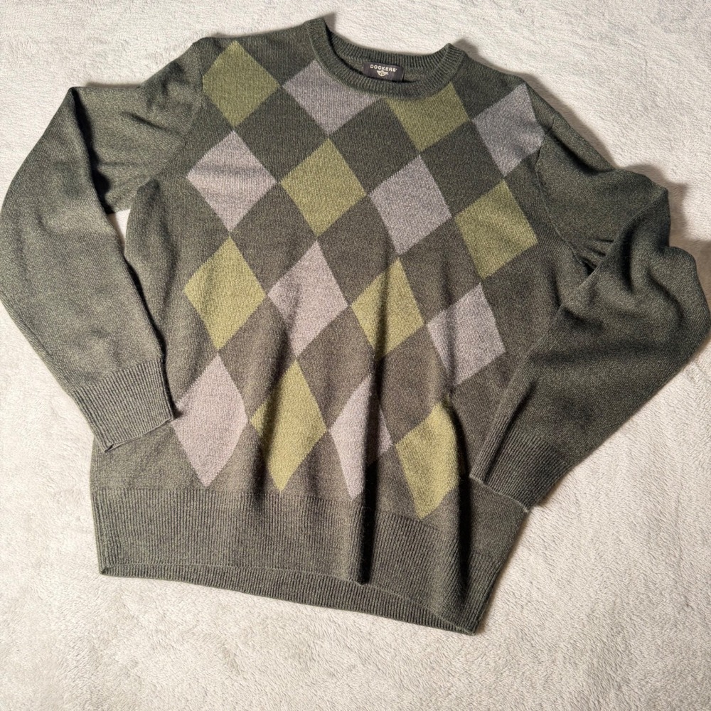 Dockers Mens Argyle Crewneck Sweater Olive Green Grey Acrylic Knit Size Small